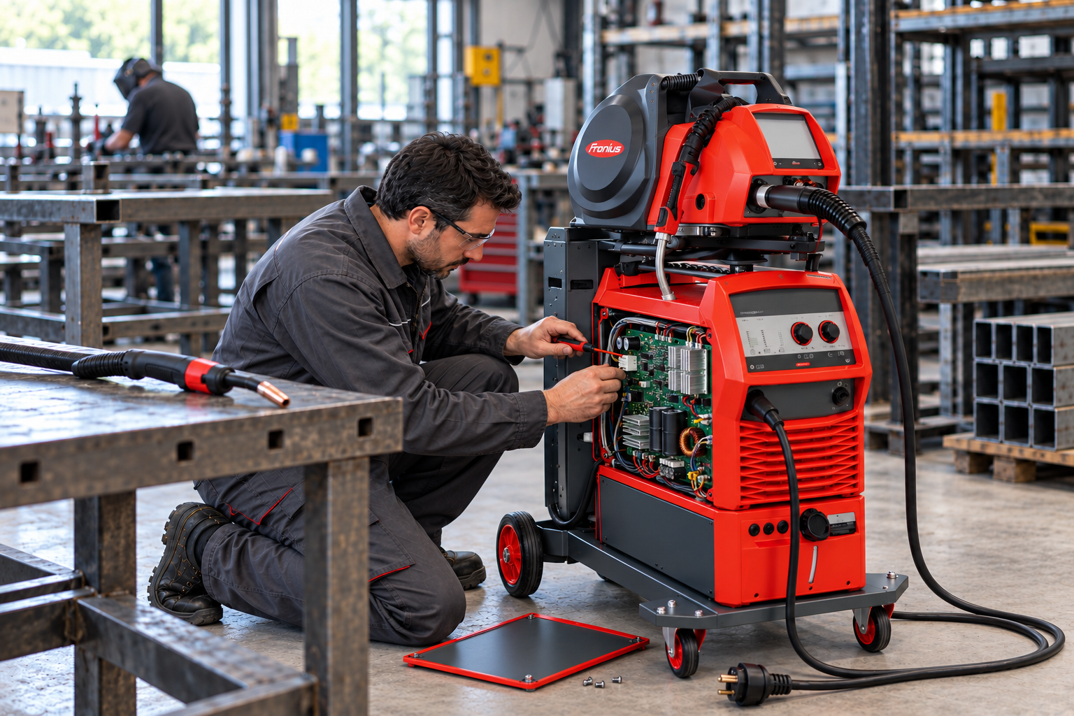 Müşteri atölyesinde Fronius TransSteel 5000 çantalı gazaltı sisteminin alt güç ünitesindeki elektronik kartı tamir eden teknisyen; temsili görsel