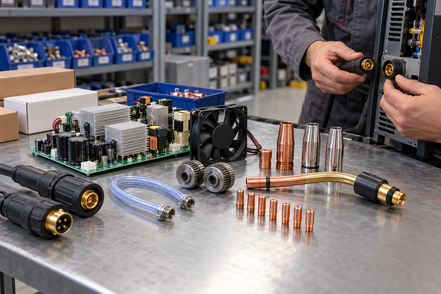 Kaynak makineleri için elektronik kart, fan, torç ve sarf parçalarını gösteren temsili yedek parça tanıtımı