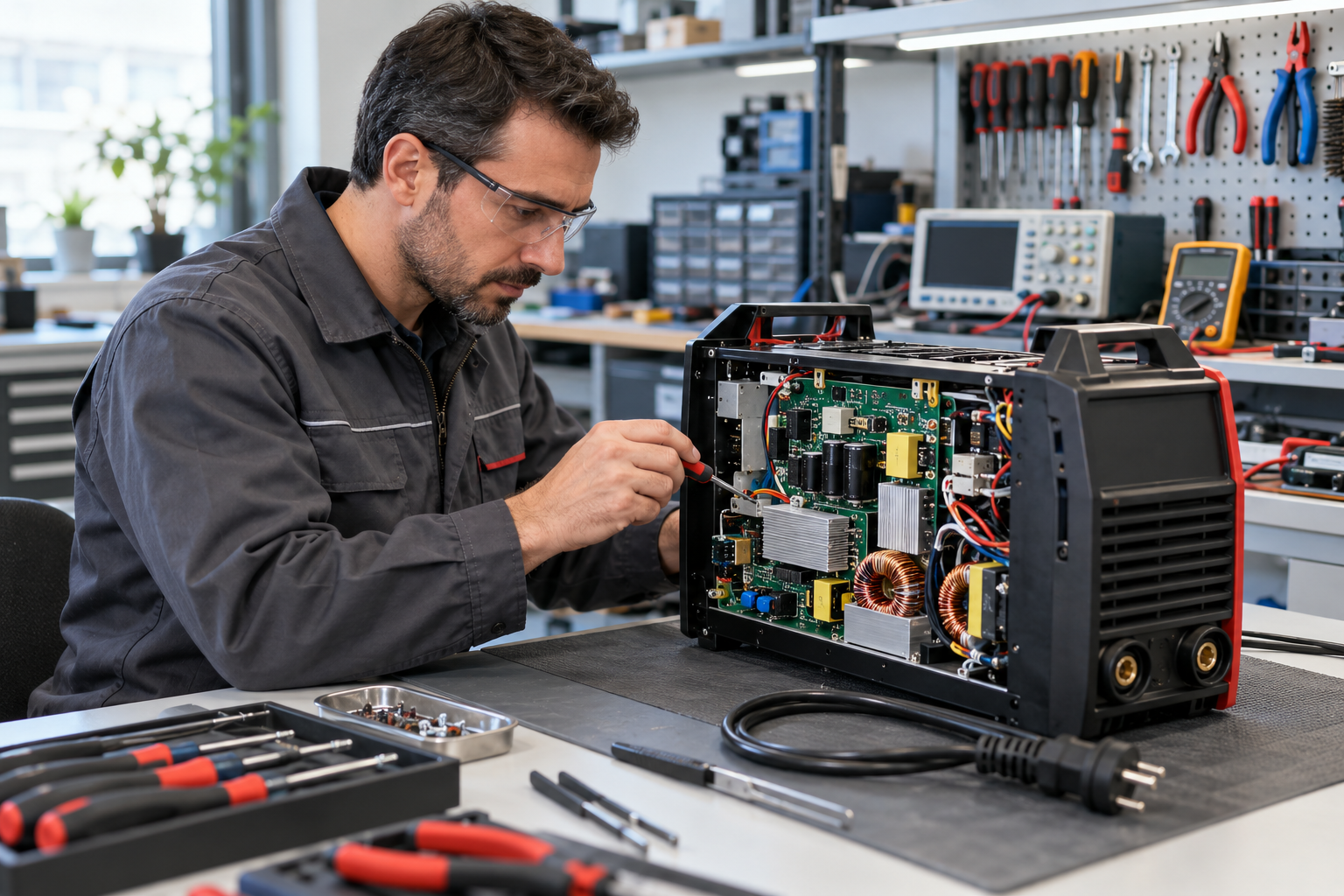 Kaynak makinesinin elektronik bileşenlerini inceleyen teknisyen; temsili görsel